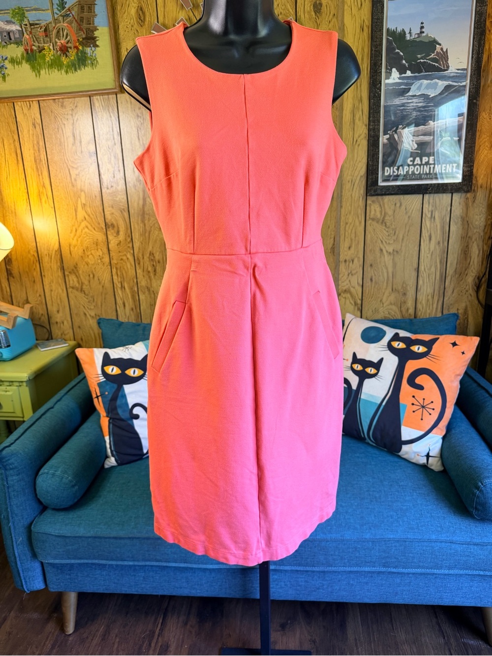 Lands' End Coral-Pink Sleeveless Midi Shift Dress
